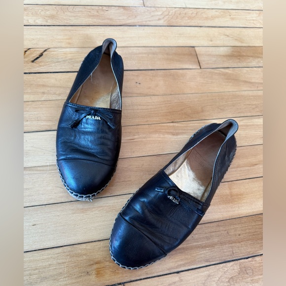 Prada black bow leather slip on espadrilles women’s flats - Picture 1 of 13